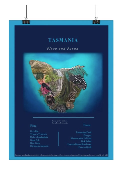 Australia state of Tasmania Flora and Fauna Map Matte Poster — Textured Endangered species of Tasmania,Art Print
