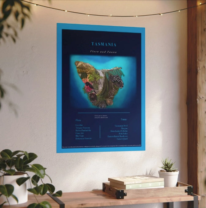 Australia state of Tasmania Flora and Fauna Map Matte Poster — Textured Endangered species of Tasmania,Art Print