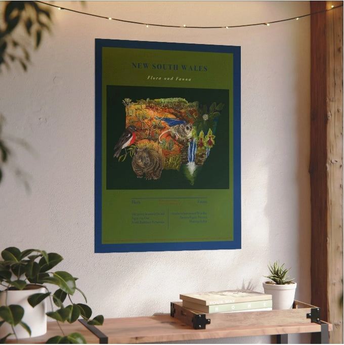Textured Watercolour Australia New South Wales 2 Poster — Matte Australia State of N.S.W. Flora and fauna Art Print